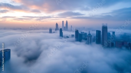 Majestic Urban Skyline Shrouded in Morning Mist with Glowing Sunset and Rising Towers : Generative AI