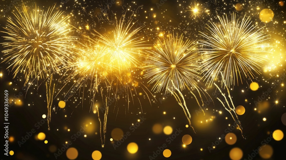 Fototapeta premium Stylish Happy New Year 2025 card with festive golden accents, bright fireworks, and celebratory text.