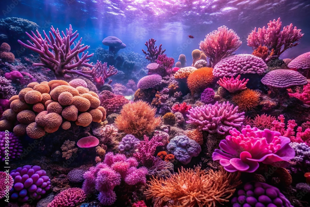 Obraz premium Coral reef teeming with marine life in shades of pink and purple, coral diversity, coral polyps, tropical reef, ocean ecosystem