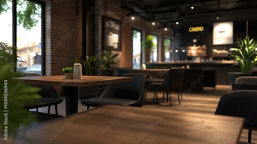 Fototapeta premium Chic Brick Wall Urban Cafe with Ambient Lighting and Modern Furnishings : Generative AI