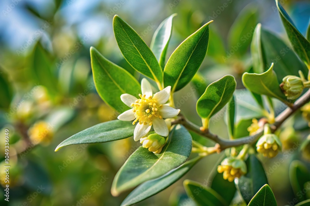 Panoramic view of jojoba (simmondsia chinensis) flowers and leaves Panoramic view of jojoba (simmondsia chinensis) flowers and leaves