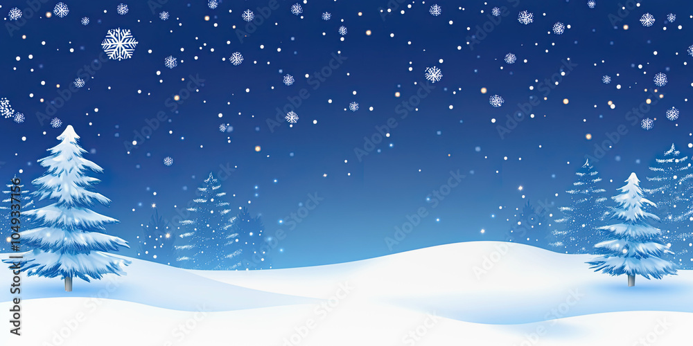 Snowy Winter abstract sale banner. Landscape with Snowflakes and Pine Trees at Night Snowy Winter abstract sale banner. Landscape with Snowflakes and Pine Trees at Night