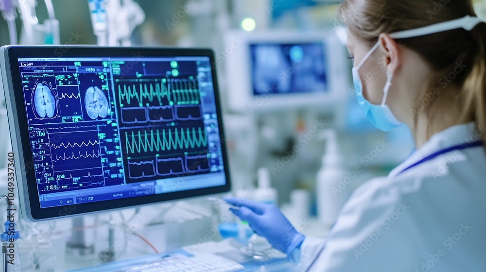 Healthcare technician analyzing brain scan and ECG data on a computer screen in a modern medical facility : Generative AI Healthcare technician analyzing brain scan and ECG data on a computer screen in a modern medical facility : Generative AI
