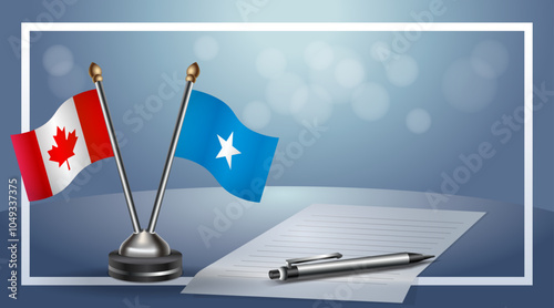 Canada and Somalia Small national flag on bokeh background, cooperative relationship