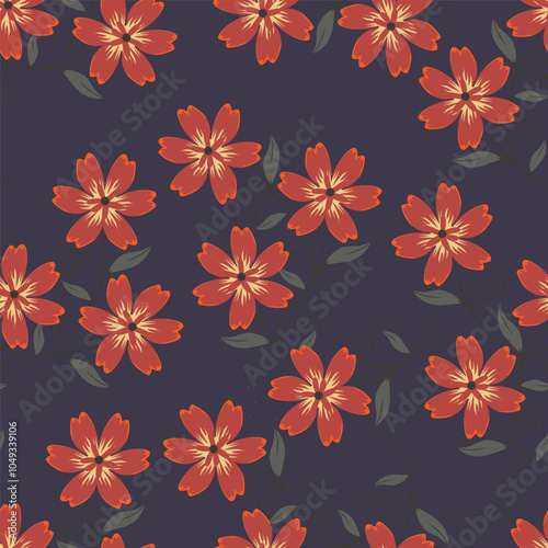 Seamless floral pattern, liberty ditsy fabric, textile print in country, folk motif. Simple botanical design of small hand drawn flowers, tiny leaves, random bouquets on a blue. Vector illustration.