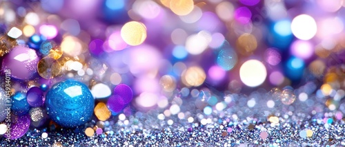 A sparkling display of colorful glitter and shimmering orbs celebrating joy and festivity in an enchanting atmosphere of light and reflection