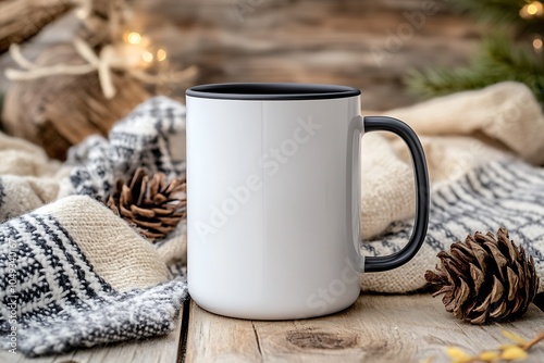 Wallpaper Mural White Mug Nestled in Knitted Blanket with Festive Pine Cones for Cozy Charm : Generative AI Torontodigital.ca