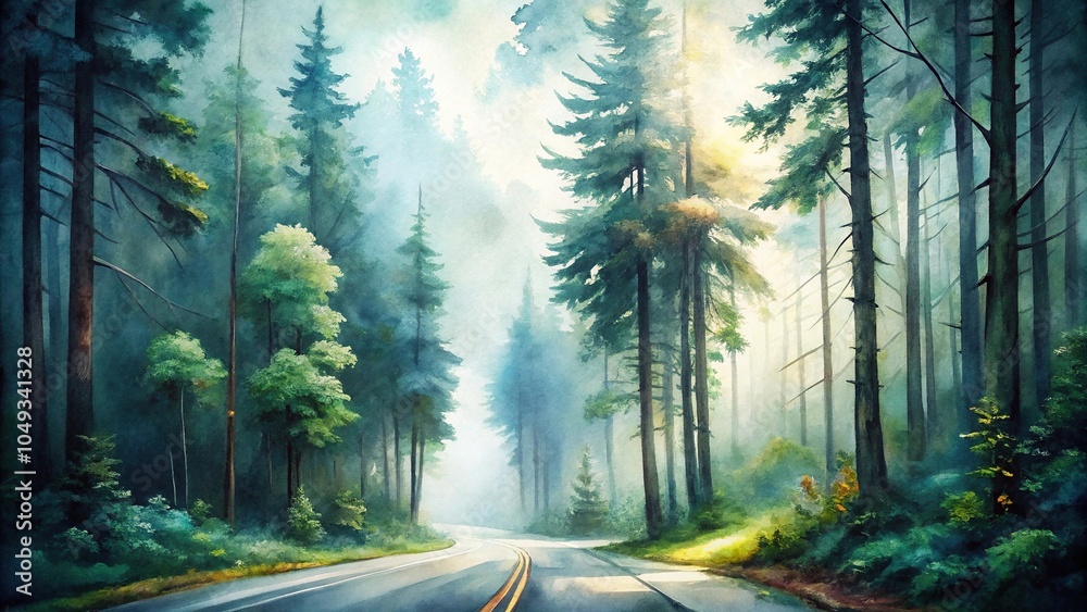 Fototapeta premium foggy forest road watercolour scene print