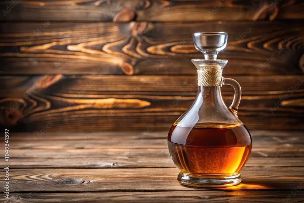 A golden amber liquid in a wooden decanter on a rustic wooden table, amber liquid, liquor A golden amber liquid in a wooden decanter on a rustic wooden table, amber liquid, liquor