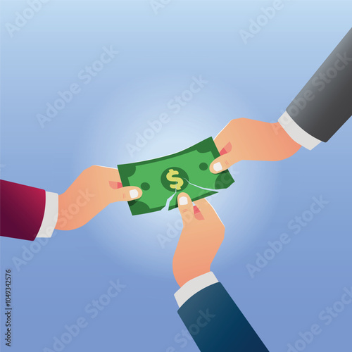 Three hands of the businessman tearing apart of money bill vector illustration