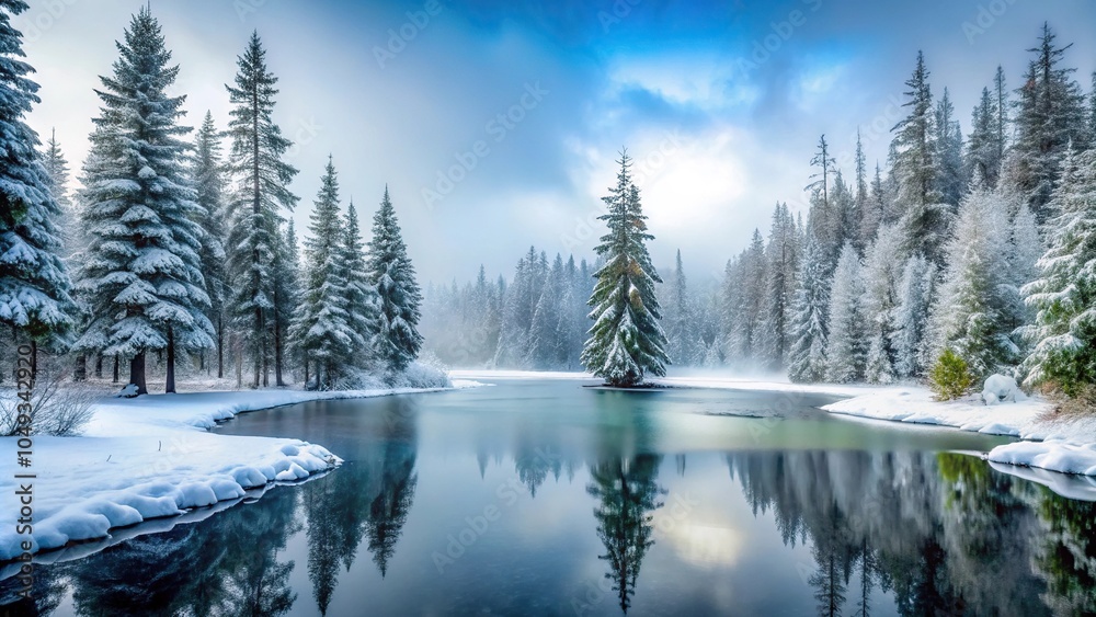 Frozen pond surrounded by evergreen trees and a misty sky with snow-covered branches, peaceful atmosphere, evergreen trees, snowy landscape Frozen pond surrounded by evergreen trees and a misty sky with snow-covered branches, peaceful atmosphere, evergreen trees, snowy landscape