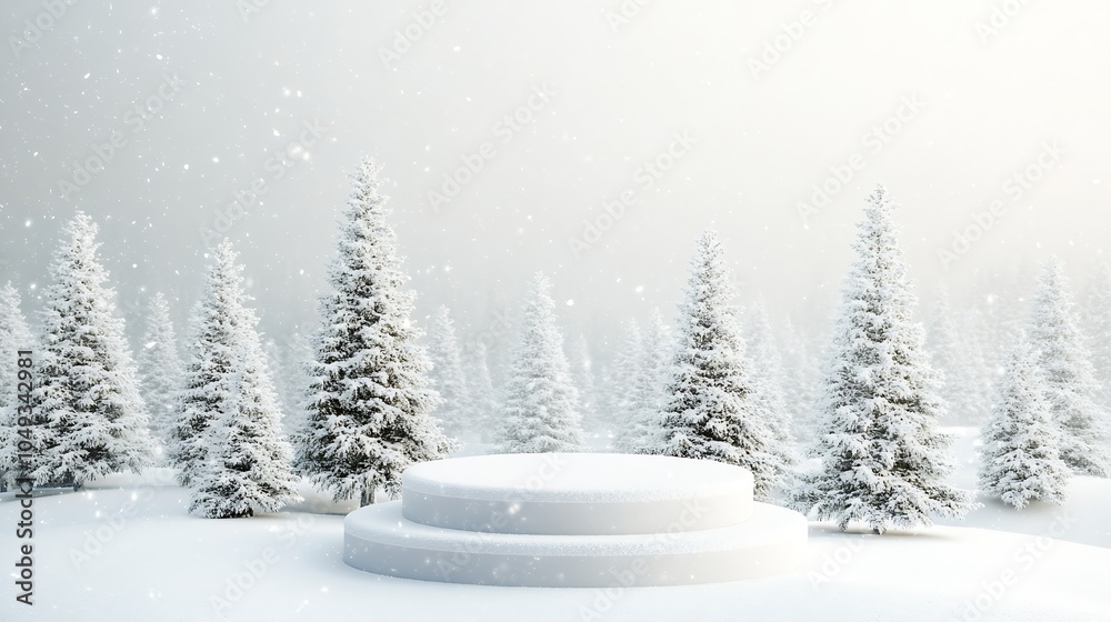 Fototapeta premium Winter Wonderland Scene with Snowy Pine Trees and Empty Podium for Holiday Display : Generative AI