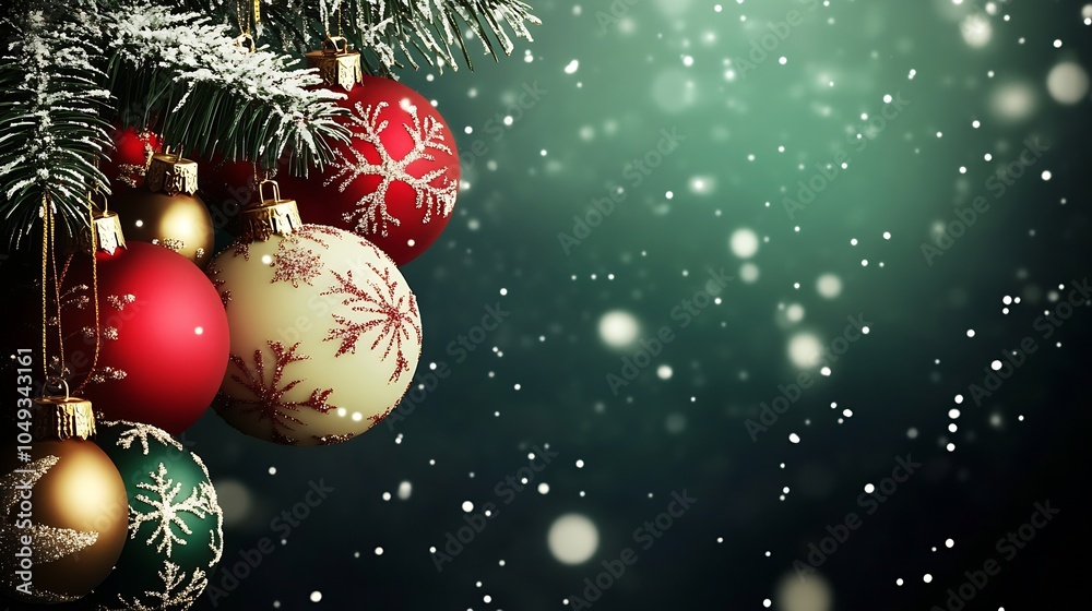 Naklejka premium Vibrant Christmas Baubles with Snowflakes Hanging on Festive Green Pines : Generative AI