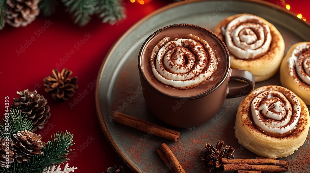 Festive Hot Chocolate with Cinnamon Rolls and Pinecones for Holiday Cheer : Generative AI Festive Hot Chocolate with Cinnamon Rolls and Pinecones for Holiday Cheer : Generative AI