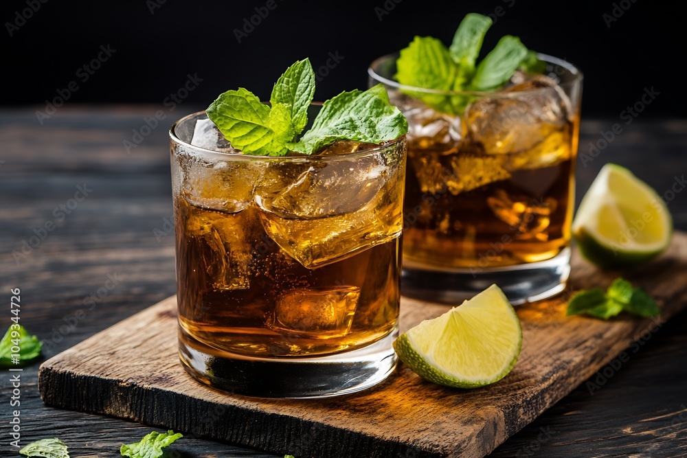 Classic Whiskey Cocktails with Mint and Lime on Rustic Wooden Background : Generative AI Classic Whiskey Cocktails with Mint and Lime on Rustic Wooden Background : Generative AI