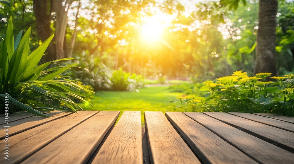 Idyllic Sunlit Garden Pathway with Vibrant Greenery and Blooming Flowers at Sunrise : Generative AI