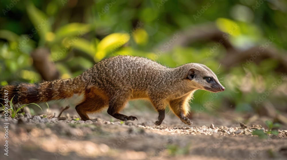 A Brown-Banded Mongoose Running Through Lush Green Vegetation A Brown-Banded Mongoose Running Through Lush Green Vegetation