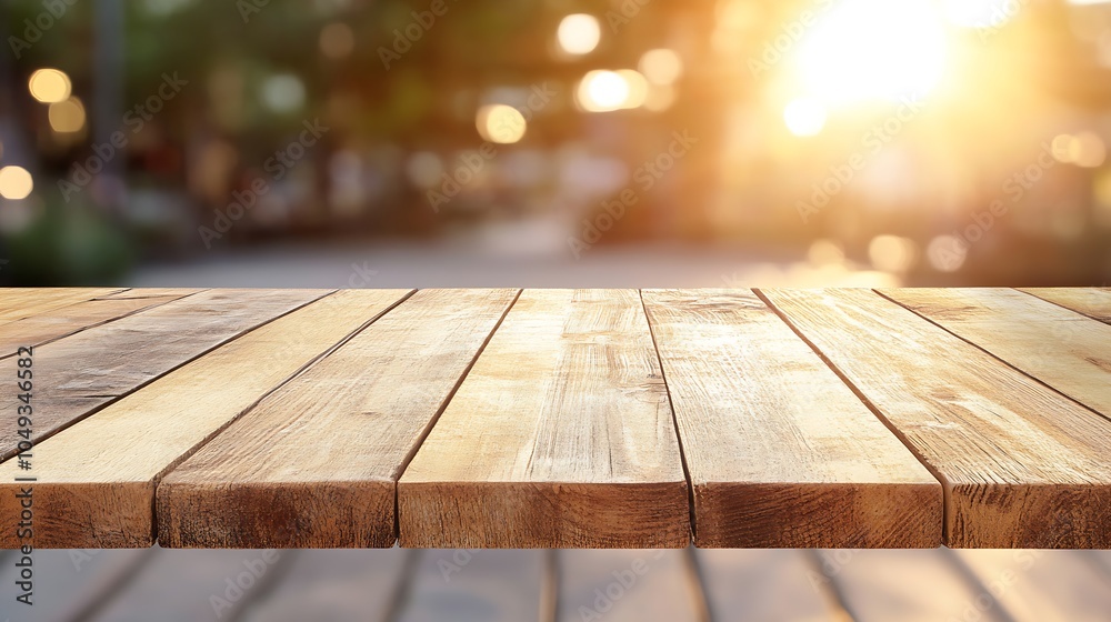 Wooden Tabletop Calmly Lit by Setting Sun in a Vibrant Outdoor Scene : Generative AI