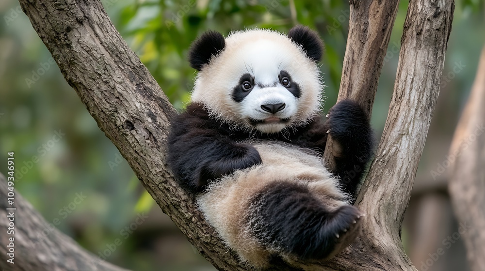 Playful Young Panda Relaxing Amongst the Trees in a Lush Forest Setting : Generative AI Playful Young Panda Relaxing Amongst the Trees in a Lush Forest Setting : Generative AI