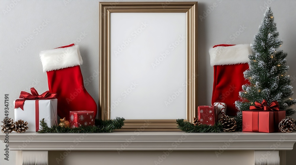 Fototapeta premium Traditional Holiday Mantel Decor with Stockings and Christmas Tree for Festive Home Settings : Generative AI