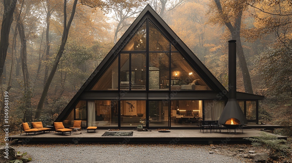 Fototapeta premium Modern Black Metal Cabin in Autumn Forest