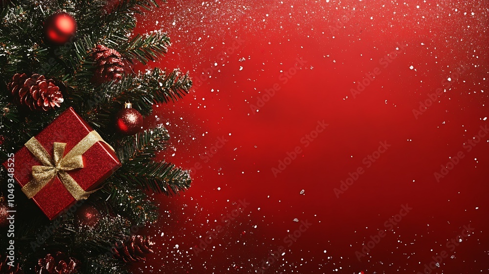 Festive Christmas Background with Decorated Pine Branches and Red Gift Box on Red Sparkling Backdrop : Generative AI Festive Christmas Background with Decorated Pine Branches and Red Gift Box on Red Sparkling Backdrop : Generative AI