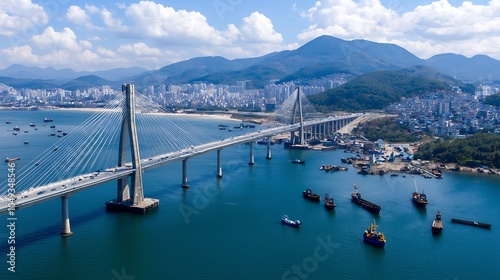 Panoramic View of Maritime Suspension Bridge with Cityscape and Mountains : Generative AI photo