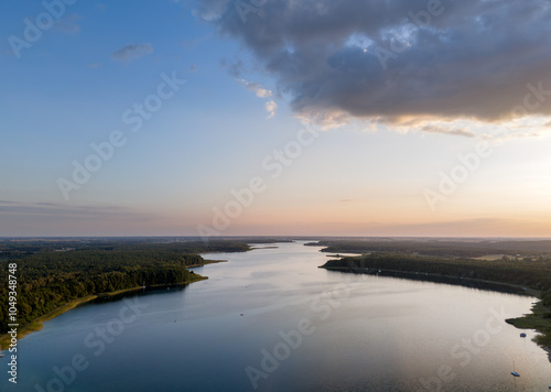 Obraz na płótnie Aerial landscape skyline view of Powidz lake and Anastazewo beach (Jezioro Powidzkie, Plaża Anastazewo) at sunset. Popular summer resort in Wielkopolska, Poland w salonie