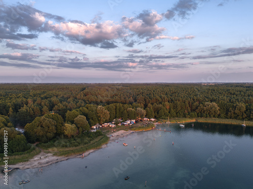 Obraz na płótnie Aerial landscape skyline view of Powidz lake and Anastazewo beach (Jezioro Powidzkie, Plaża Anastazewo) at sunset. Popular summer resort in Wielkopolska, Poland w salonie