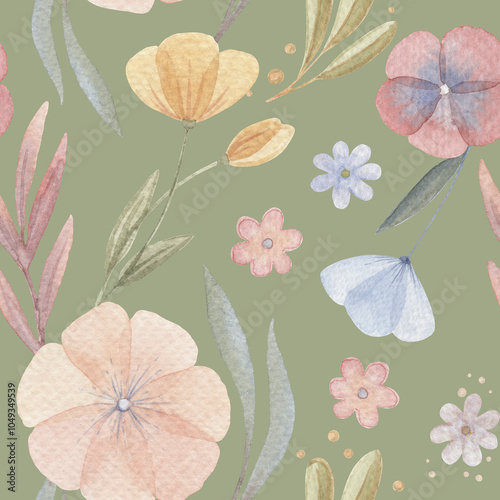 Obraz na plátně Boho flowers and leaves seamless pattern with branch and twig on the green background