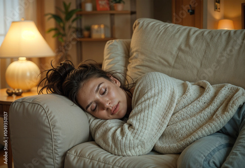 Pretty sleepy young woman resting on light beige sofa in warm cozy home, enjoying peace, relaxation, sleeping during day, lying on side, suffering from insomnia, sleep disorder at night.