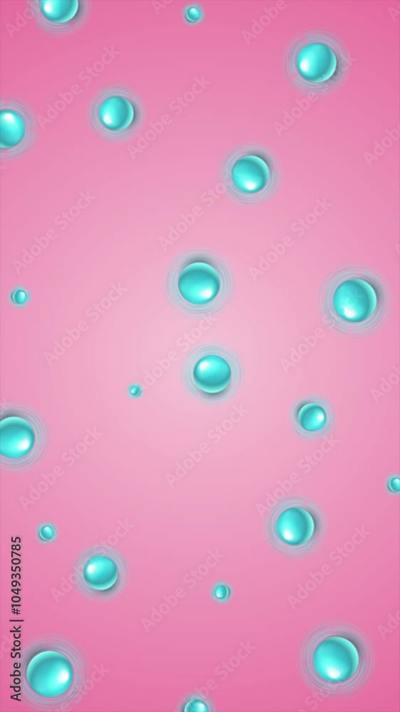 Bright blue 3d spheres and linear circles on pink background. Vertical looped video animation