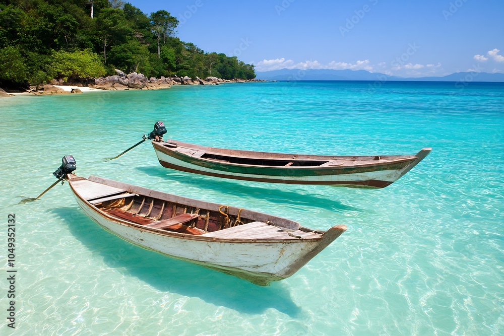 Idyllic Tropical Scene with Wooden Boats on Crystal Clear Waters : Generative AI Idyllic Tropical Scene with Wooden Boats on Crystal Clear Waters : Generative AI