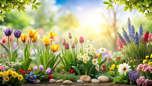 Spring-themed garden scene with blooming flowers and lush greenery on a soft white background, garden, texture, white, greenery