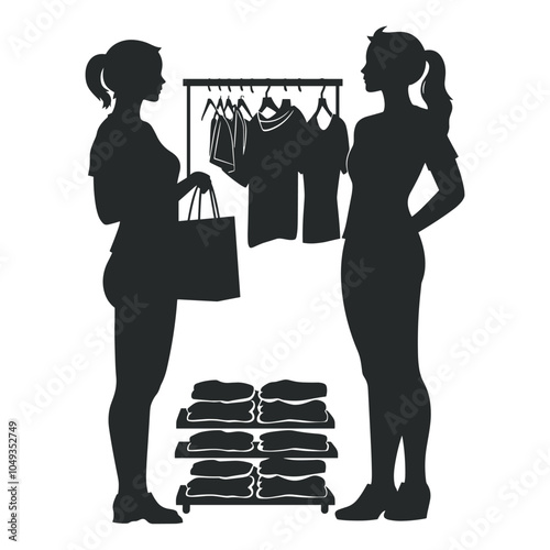 Silhouette of two women standing in a clothing store