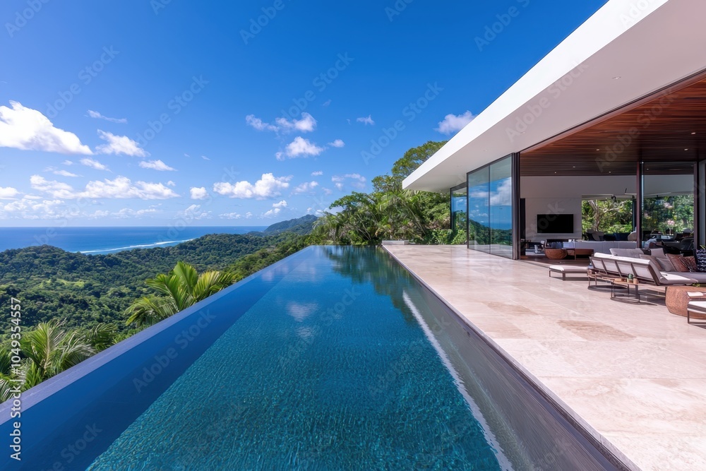 Fototapeta premium Stunning modern villa overlooking an exquisite infinity pool and lush coastal landscape under clear blue skies