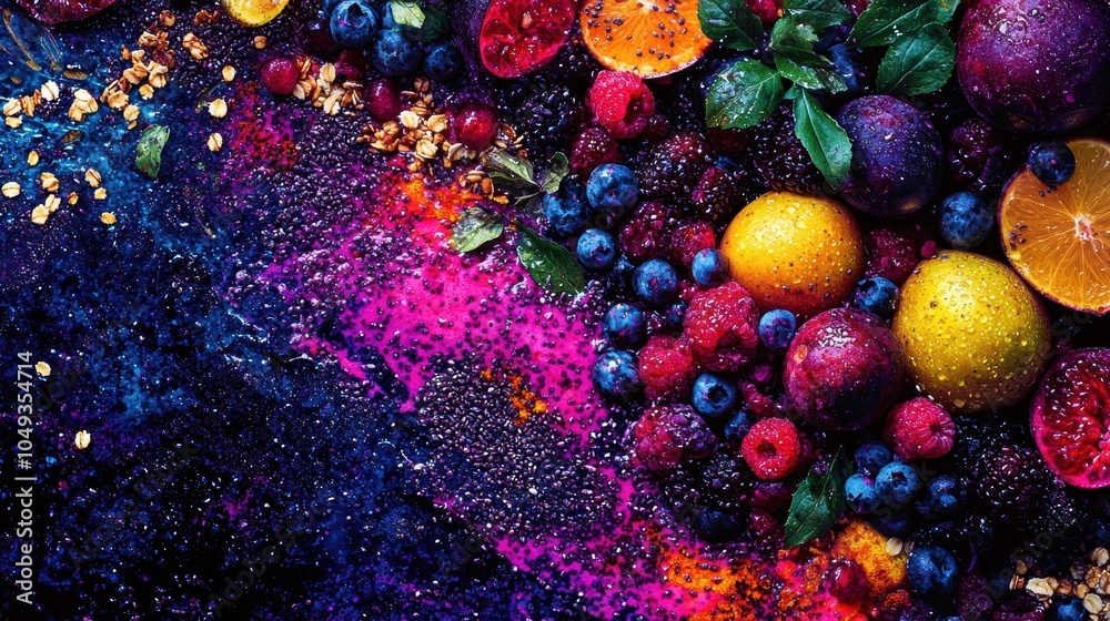 Fototapeta premium Vibrant Fruits on Dark Background with Colorful Splashes