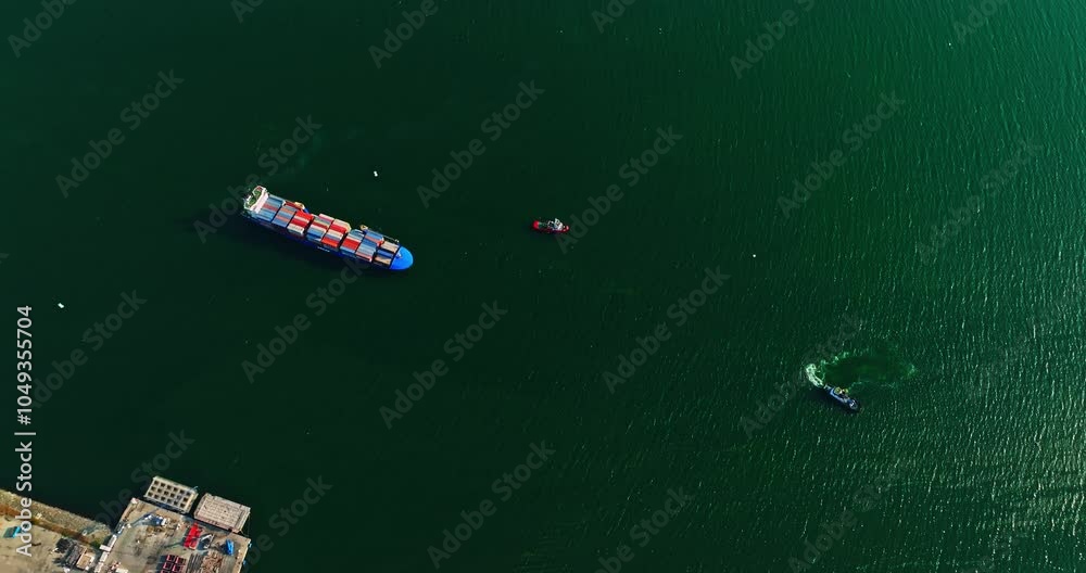 Massive Cargo Vessel Maneuvering Out Of Dock Fully Loaded Vibrant Aerial Shot