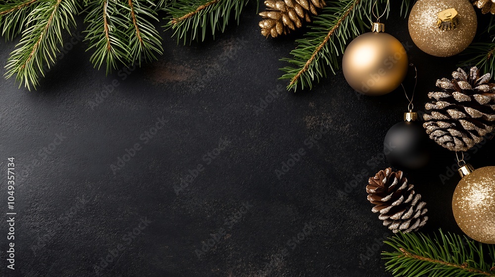 Rustic Christmas Decor with Golden Ornaments and Pinecones on Dark Background : Generative AI Rustic Christmas Decor with Golden Ornaments and Pinecones on Dark Background : Generative AI