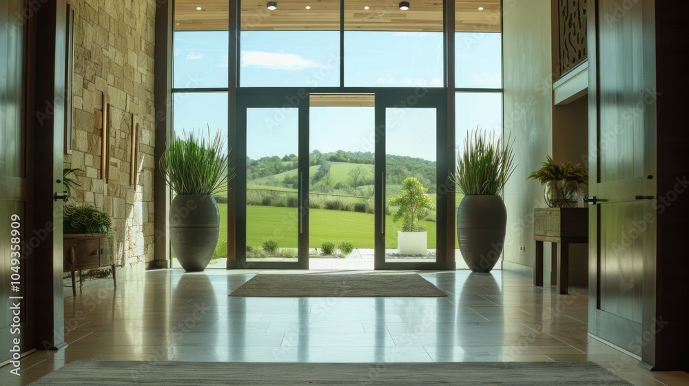 Fototapeta premium Modern Entryway with Glass Doors and a View of Green Hills