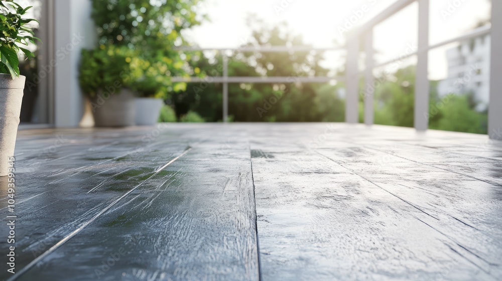 Fototapeta premium A serene outdoor space with wooden flooring and potted plants, illuminated by sunlight.