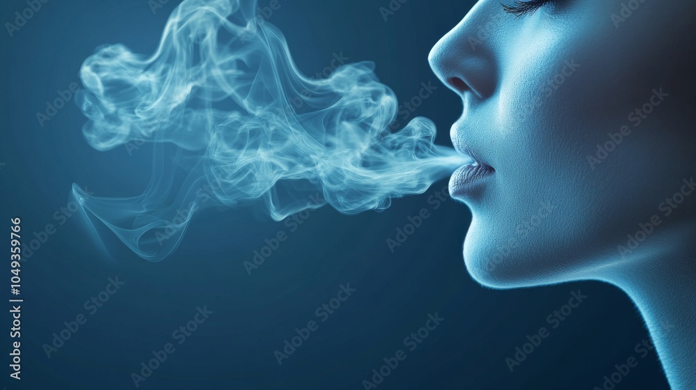 Woman exhaling smoke on blue background Woman exhaling smoke on blue background