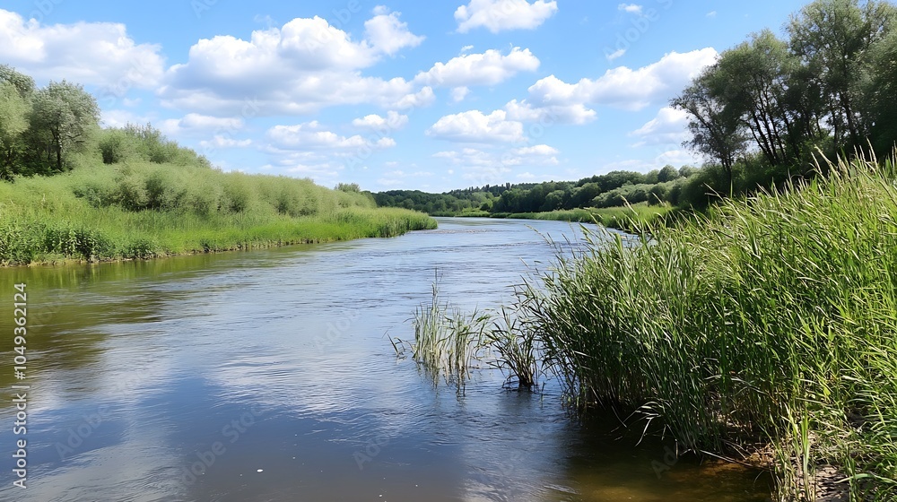 Idyllic River with Reeds and Tranquil Clouds in Pristine Rural Natural Environment : Generative AI Idyllic River with Reeds and Tranquil Clouds in Pristine Rural Natural Environment : Generative AI