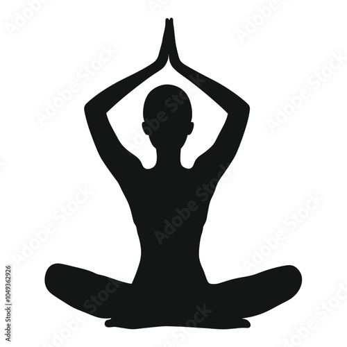 Silhouette of a person in a seated yoga pose with hands in prayer above the head