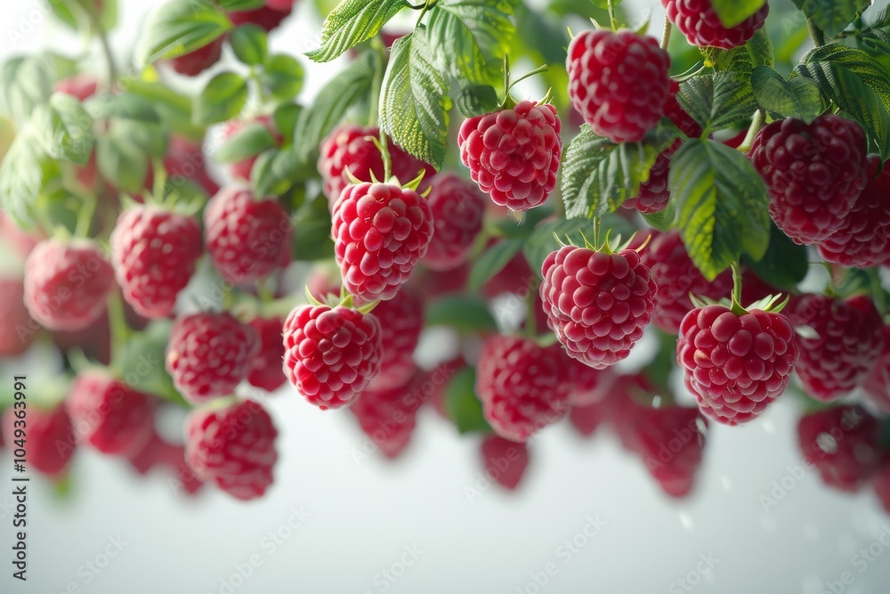 Raspberries and half slices suspended in the air with green leaves isolated on white background. Generative AI Raspberries and half slices suspended in the air with green leaves isolated on white background. Generative AI