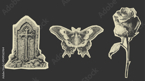 Vintage halftone style set of three gothic illustrations. Gravestone, moth, and rose. Retro photocopy effect. Perfect for tattoo design, alternative fashion, or mixed media projects.