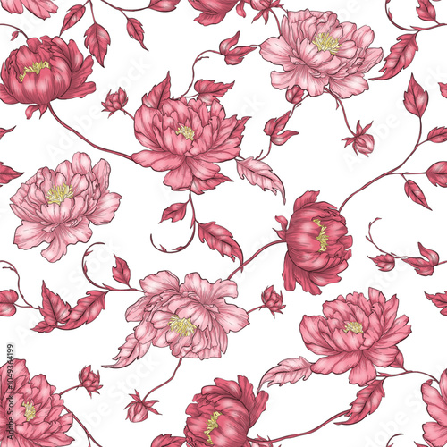 Floral seamless pattern of elegant and feminine pink peonies and vines on white background. The peonies are drawn in detail. The vines are delicate and intertwine with the flowers