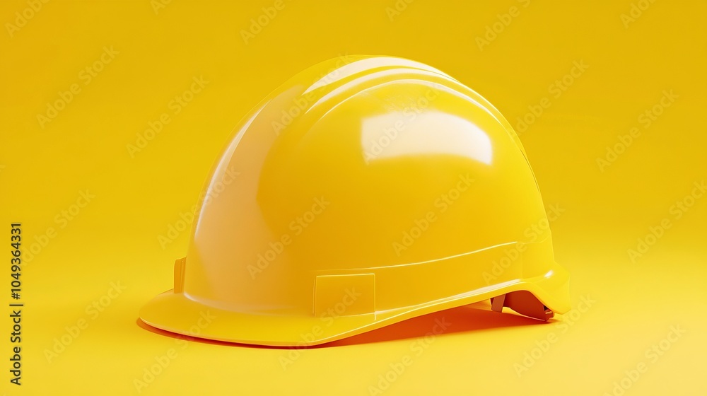 Fototapeta premium A 3D rendering of a yellow construction hard hat set against a matching yellow background. This minimalist illustration emphasizes the theme of safety and head protection in construction