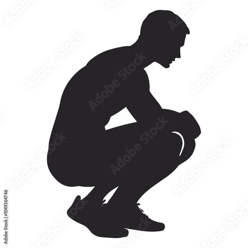 Silhouette of a person squatting down with knees bent, hands touching the ground