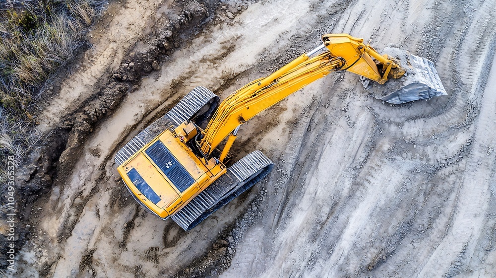 Aerial View of Heavy Excavator on Construction Site with Muddy Terrain and Digging Tracks : Generative AI Aerial View of Heavy Excavator on Construction Site with Muddy Terrain and Digging Tracks : Generative AI